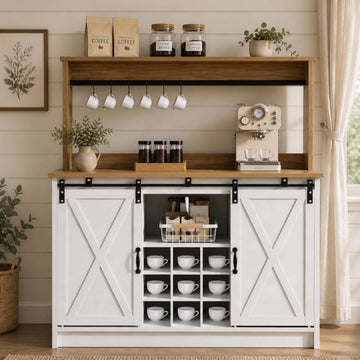 47" Farmhouse Coffee Bar Cabinet with Storage Hutch, White