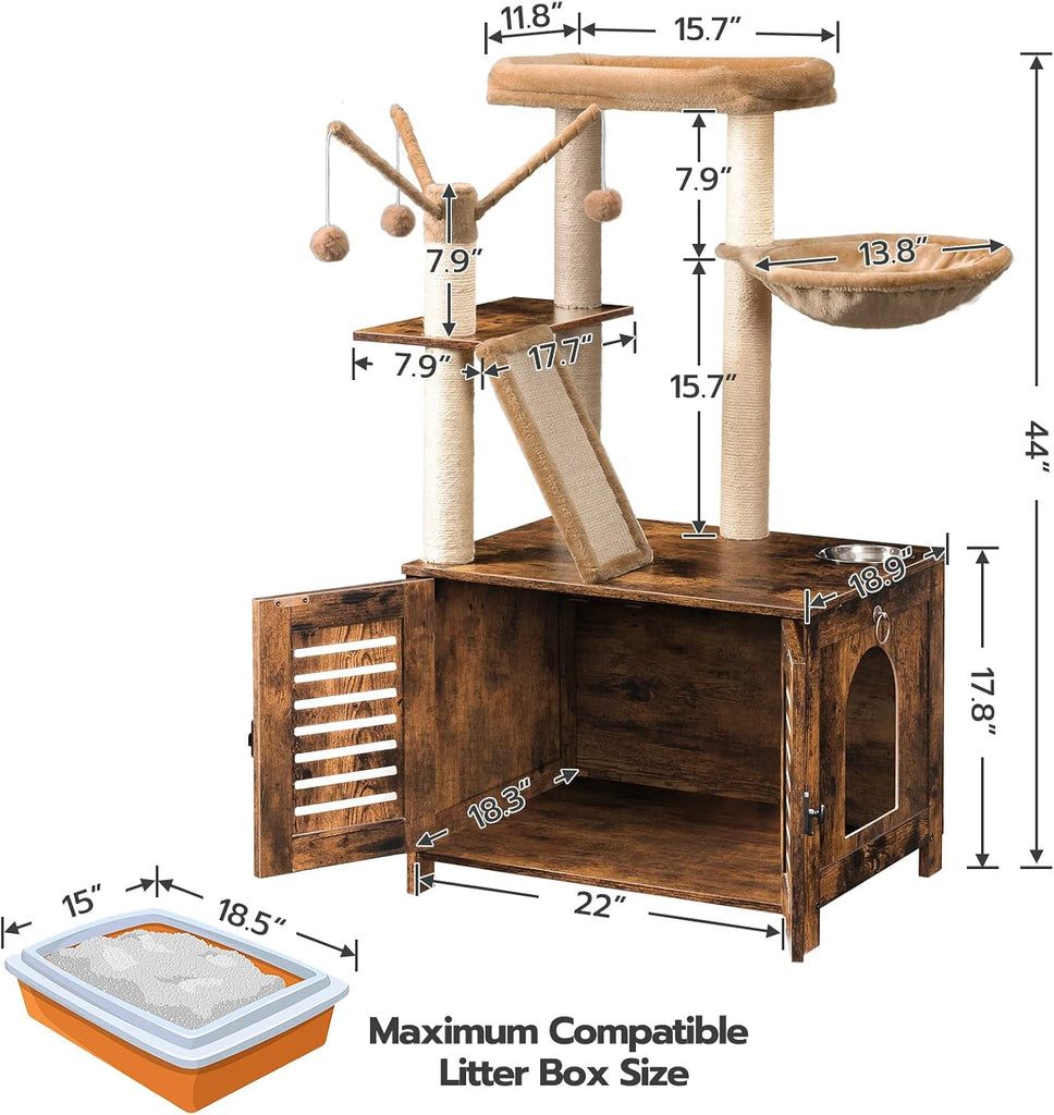 Cat Tree with Litter Box Enclosure, 44" Tall Wooden Cat Tower with Scratching Posts, Cat Hammock, Hidden Litter Box