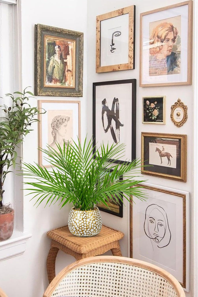 Fake Plants 15'' Faux Palm Plant in Gold-White Pot | Realistic Tropical Artificial Plants Indoor Farmhouse Mini Palm