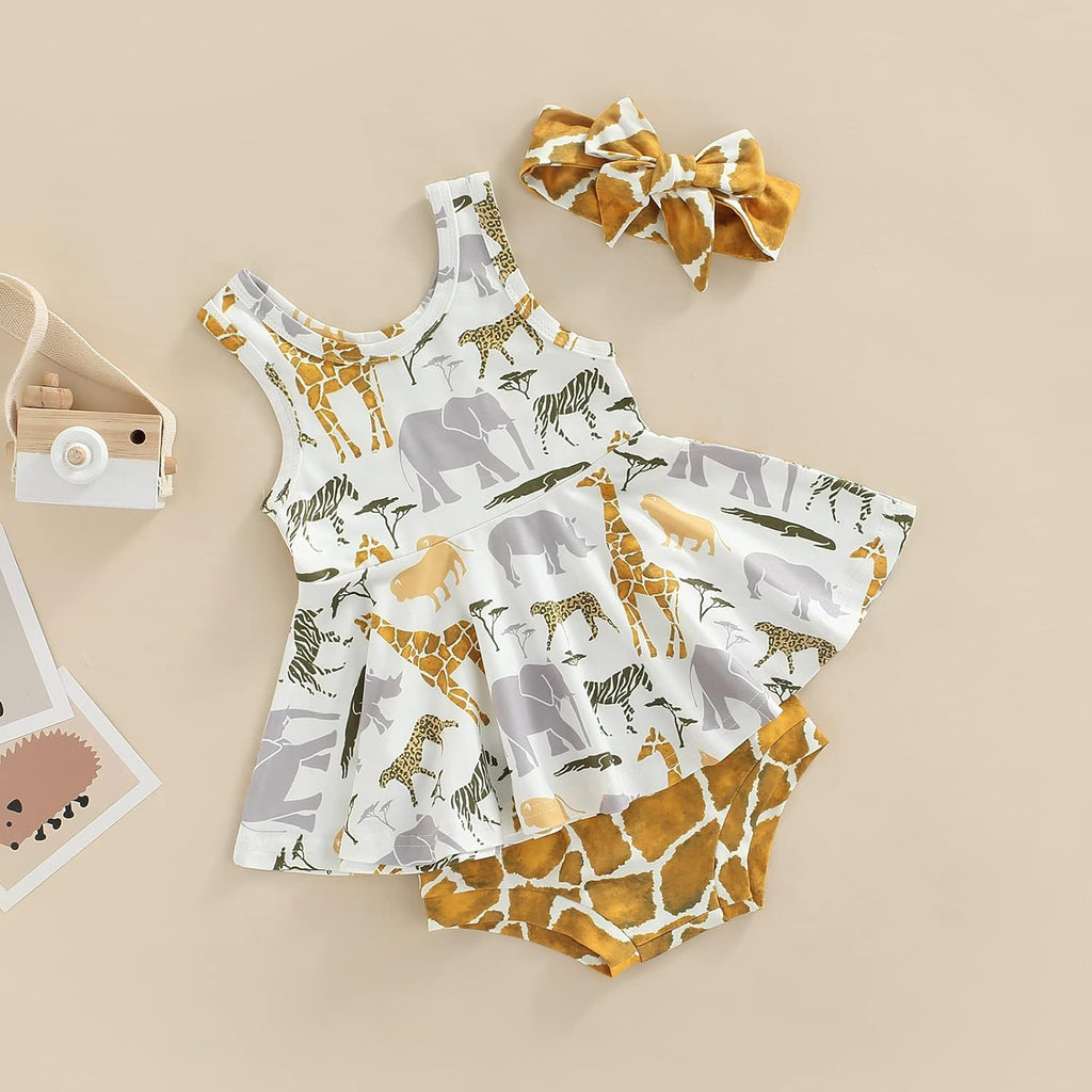 3Pcs Baby Girl Summer Outfit Animal Print Sleeveless Ruffle Tank Tops High Waist Shorts Headband Clothing Set