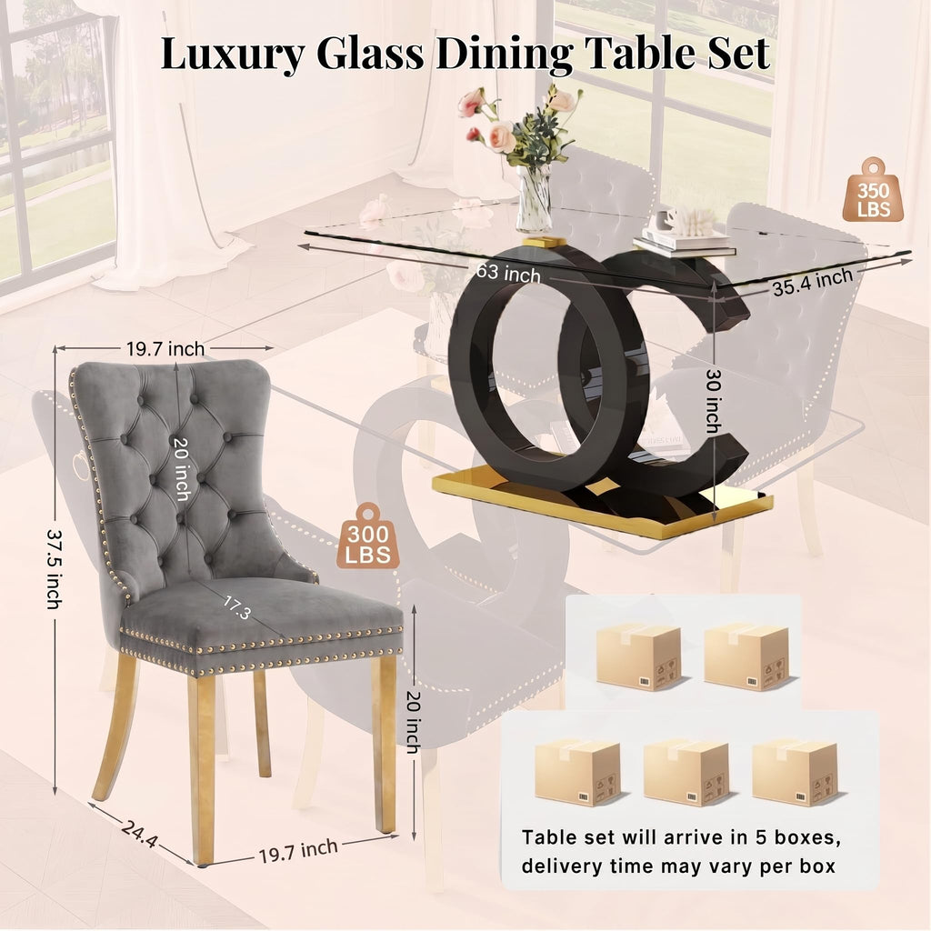 Glass Dining Table Set for 4, Modern Black Gold Dining Table Set, 63"