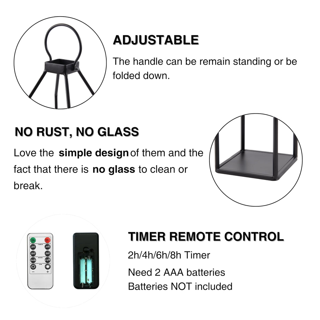 Modern Farmhouse Lantern Decor, 15'' 13'' Set of 2 Black Metal Lantern, 2 LED 6hr Timer Flameless Candles & Remote