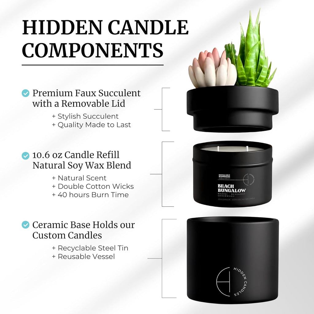 Hidden Candle - Beach Bungalow | Marine, Bergamot & Cedarwood Scented Candle with Faux Succulent | 10.6oz Soy Wax - Set of 106