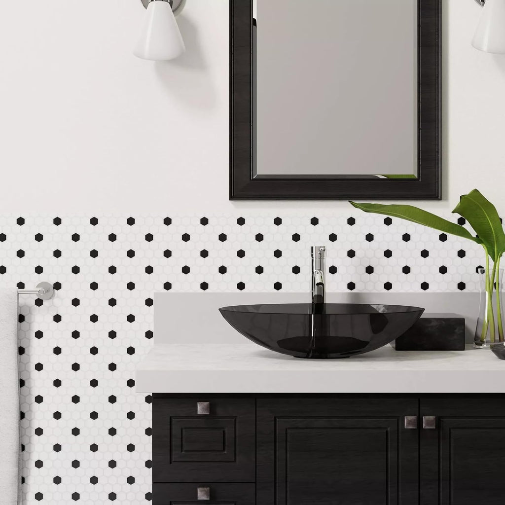 White and Black Hexagon Polished Porcelain Mosaic Tile - Classic Glossy Geometric Wall and Floor Tile , and