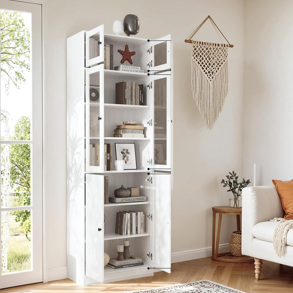85.5" Tall Bookshelf Single Pack - Half Glass Door Design, White 7 Tier Book Shelf, Curio Cabinets with Storage