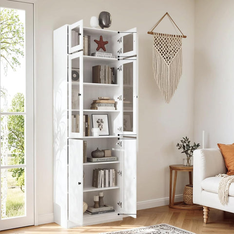 85.5" Tall Bookshelf Single Pack - Half Glass Door Design, White 7 Tier Book Shelf, Curio Cabinets with Storage