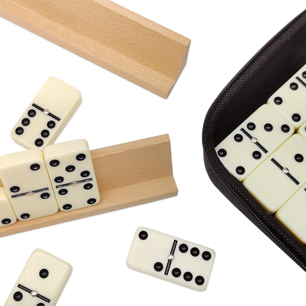 Dominos Set for Adults with 4 Wooden Racks, Double 6 Dominoes Game Set with 28 Colored Domino Tiles Double Six - Set of 32