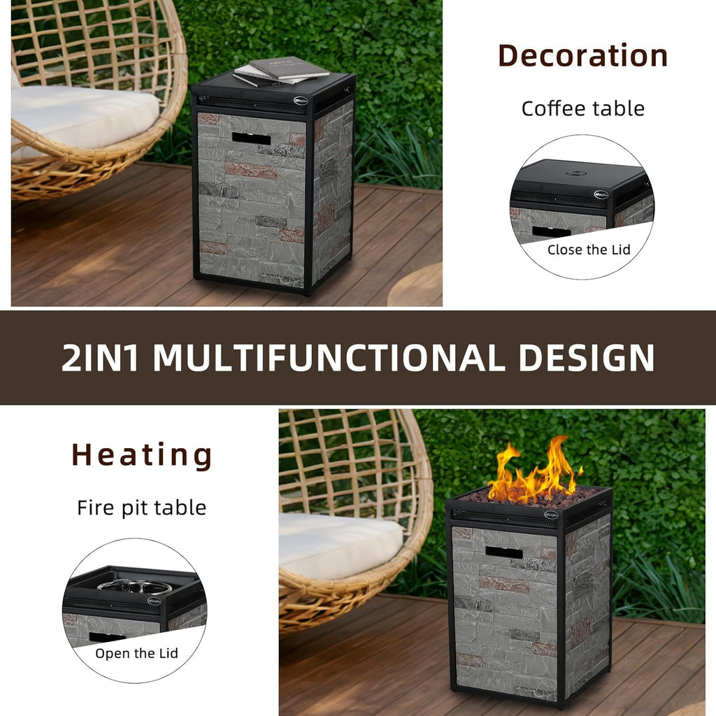 Terrafab Grey Panels with Steel Frame 16" Square 40,000 Btu Propane Fire Column Outdoor Wood Effect Fire Pit