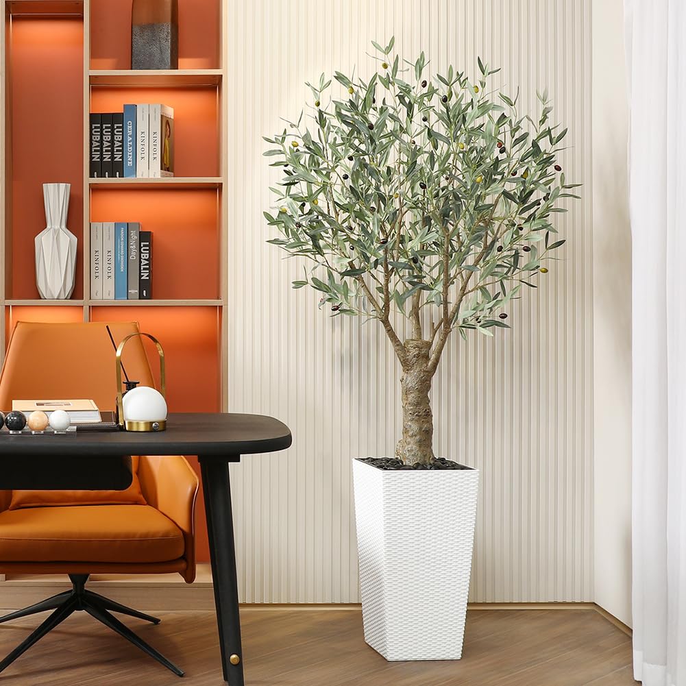 Artificial Olive Tree, 6FT UV Resistant Fake Plants with White Taper Planter, Lifelike Tall Artificial Floor Plants