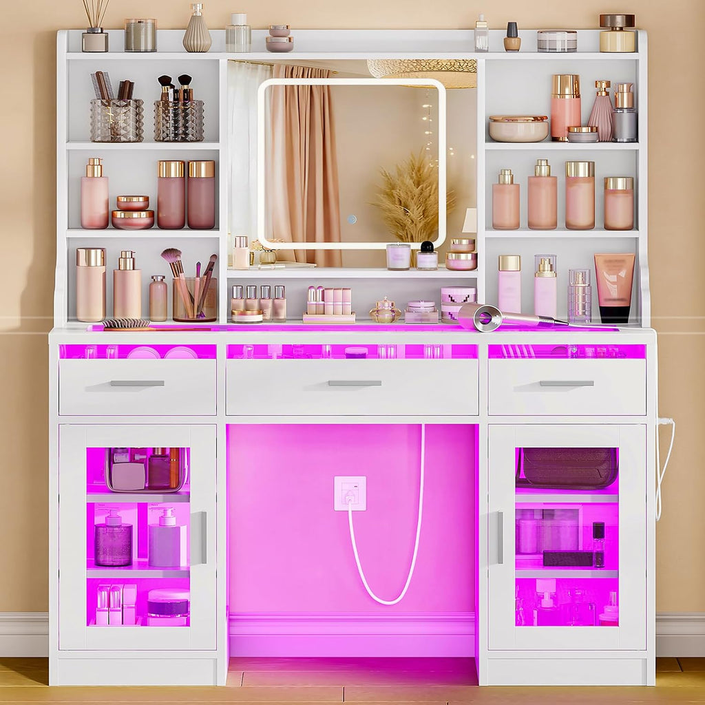 Vanity Desk with Mirror and Lights, 42" Large Makeup Vanity with Glass Top with 3 RGB Drawers, 2 Large Transparent