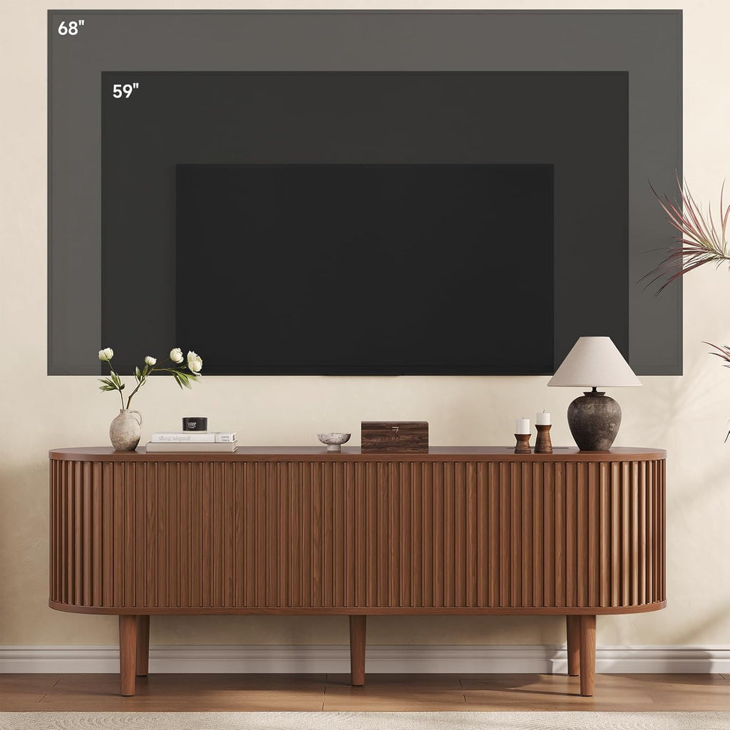 59" TV Stand for 65" TV with Power Outlet, Entertainment Center with Solid Wood Leg, Fluted TV Console with