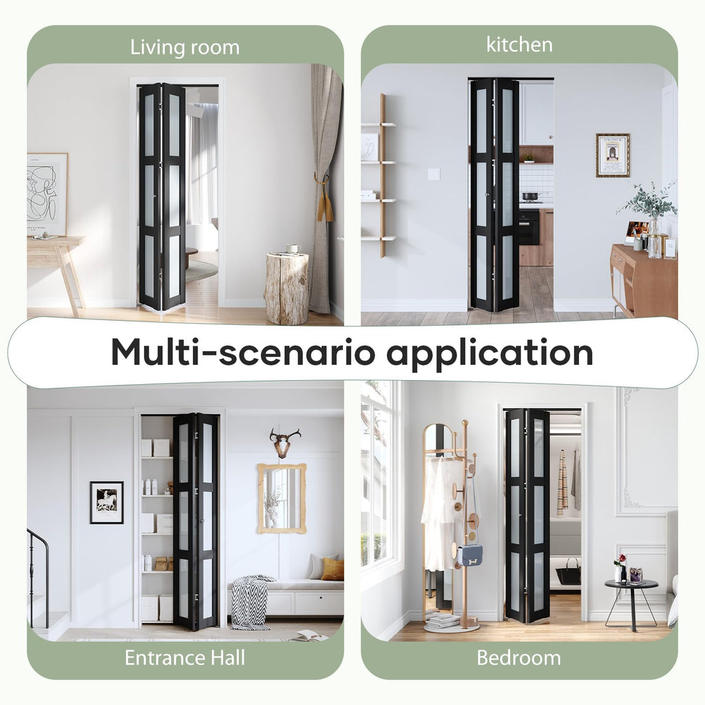 Bifold Closet Doors, Folding Door for 36" x 80" Opening, 3-Lite Tempered Frosted Glass, Black Interior Bi-fold Barn Door