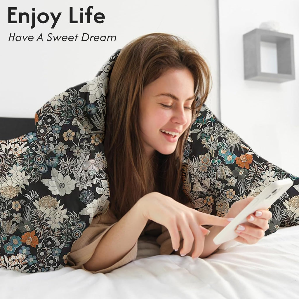 Queen Flower 3 Pcs Duvet Cover Set, Breathable Soft Microfiber Black Lining Comforter Cover with Zipper Closure, and 2 Anti-Pilling, Fade Resistant Pillowcases, Midnight Blossoms