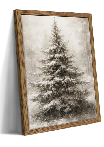Framed Vintage Christmas Tree Wall Art, Rustic Farmhouse Pine Tree Canvas Wall Decor Paintings, Winter Snowy