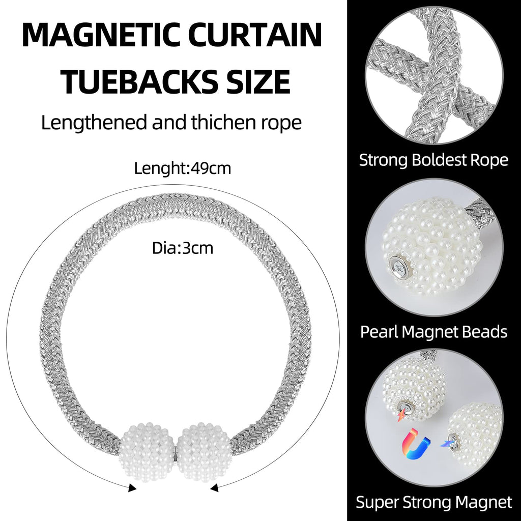 Magnetic Curtain Tiebacks with Pearls,Elegant Window Treatment Holdbacks for Heavy Outdoor Drapes (Grey) - 8 Pack