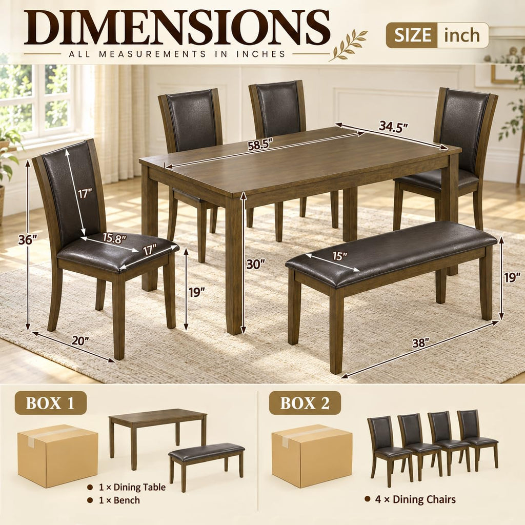 6-Piece Dining Table Set with Bench & 4 Chairs, Solid Wood, Dark Walnut