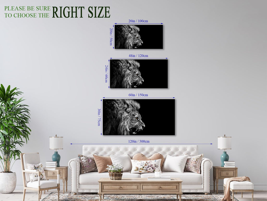Large Black and White Lion Canvas Wall Art Modern Beast Pictures, 20"x40"