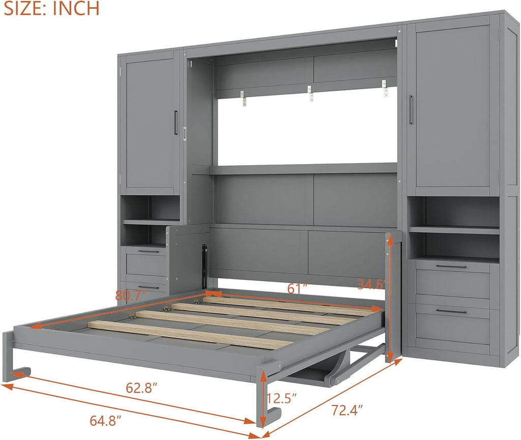 Queen Murphy Bed with Desk, Multifunctional Foldable Wall Bed with Closet, Drawers and Shelves, Space-Saving Wood