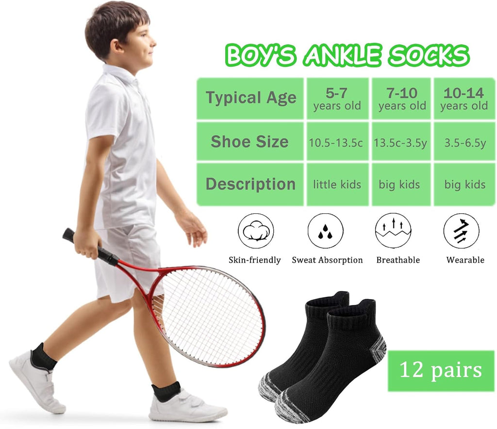 Boys Socks 12 Pairs Boy Ankle Socks Kids Athletic Cotton Sports Low Cut Casual Sock