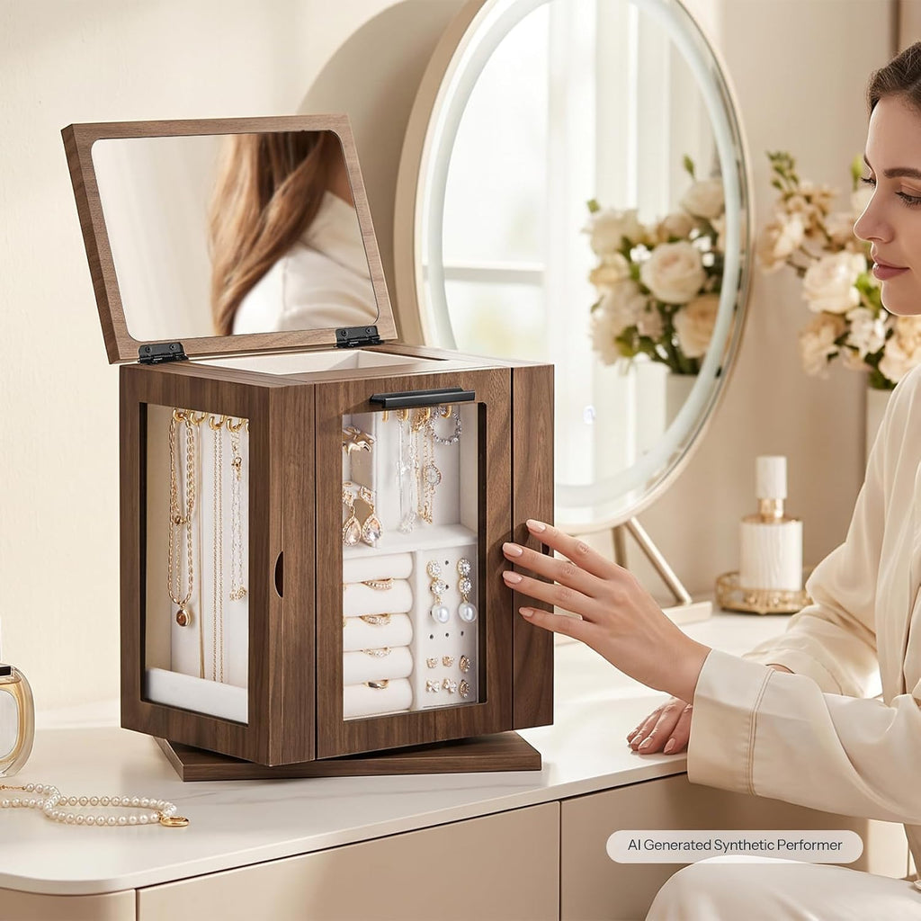 360° Rotating Jewelry Box with Mirror, Wooden Jewelry Organizer Box