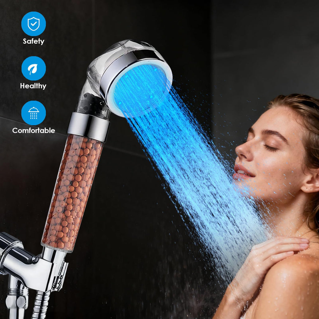LED Handheld Shower Head Set with Filtration, Automatic 7-color Changing Shower Head Kit, High Pressure Handheld