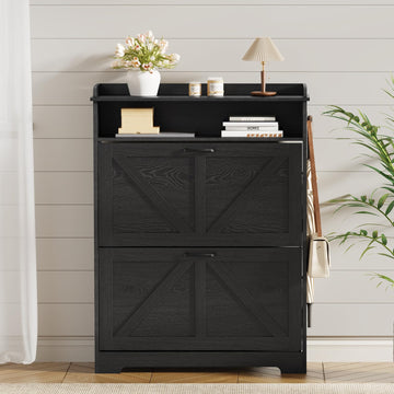 Farmhouse Shoe Cabinet Organizer with 2 Flip Drawers, 31.5" W Black