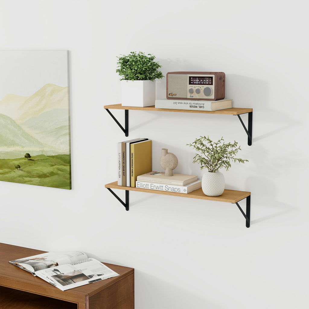 6 Inch Deep Floating Shelves for Wall, 24W x 6D Wood Wall Shelves Set of 3, Rustic Oak Wide Floating Bookshelf, with