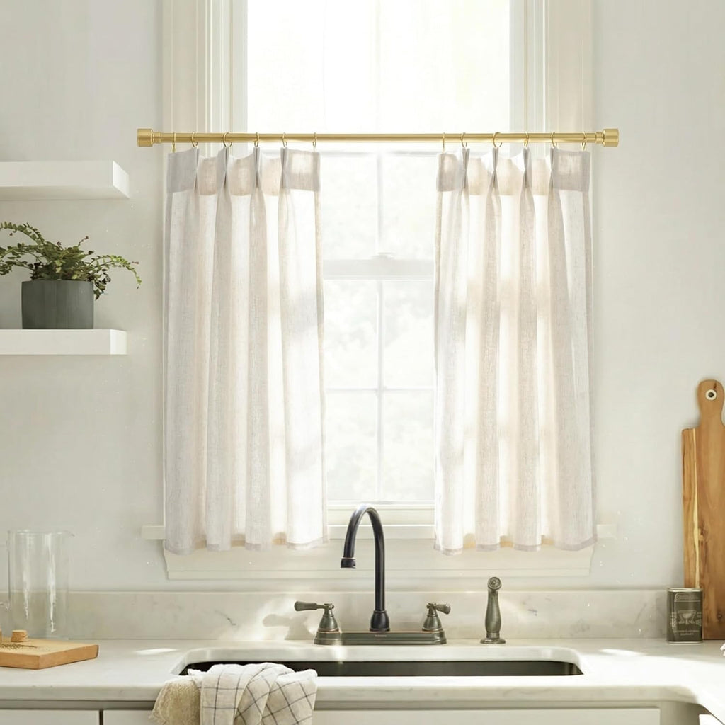 Pinch Pleat Cafe Curtains 24 Inch Length for Kitchen Window Over Sink, Cream Linen Light Filtering Sheer Farmhouse
