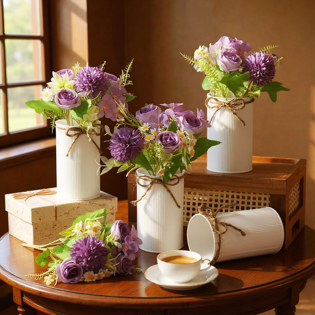 6 Sets Wedding Centerpiece for Table Decoration Dark Purple Artificial Fake Rose Flower with Metal Vase Faux Silk