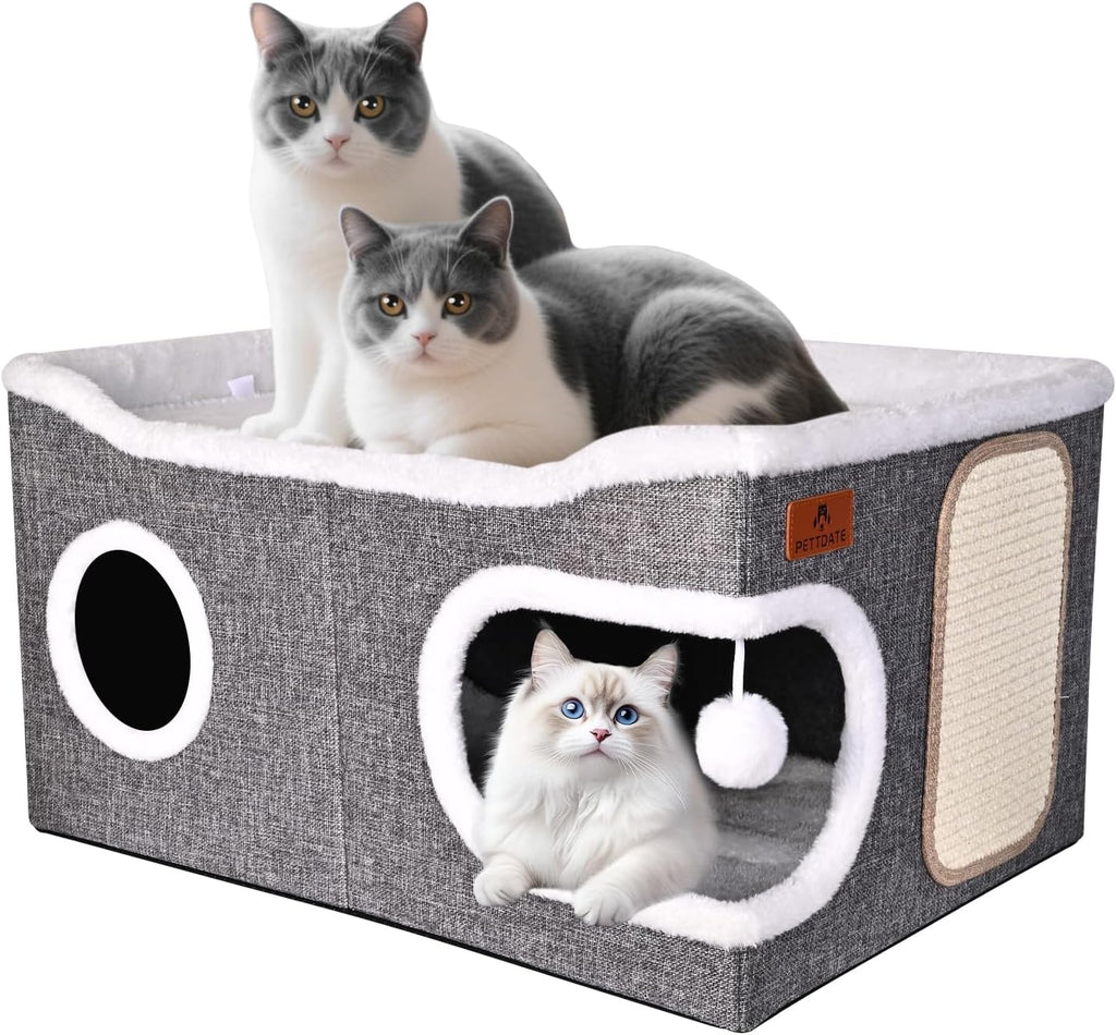 Extra Large Cat Beds for Indoor Cats, Covered Cat Cave Beds & Furniture with Scratch Pad and Fluffy Ball, Foldable
