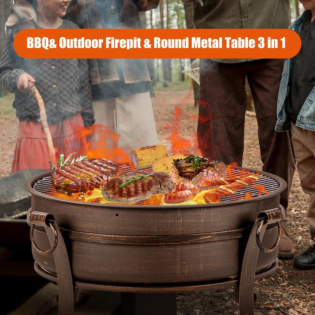 36 Inch Fire Pit with Grill & Lid, Fireplace & Round Table & BBQ 3 in 1 Fire Pit,Heavy Duty Wood Burning Fire Pits for O