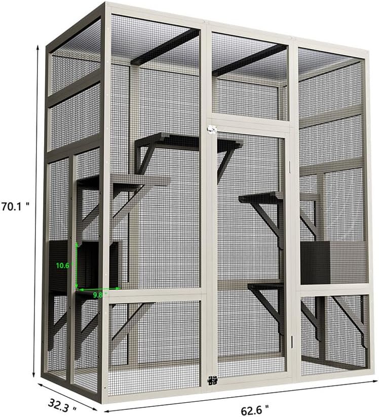 70 Inch Catio Outdoor Cat Enclosure, Large Wooden Cat House with 5 Platforms and 2 Napping Houses, Waterproof UV