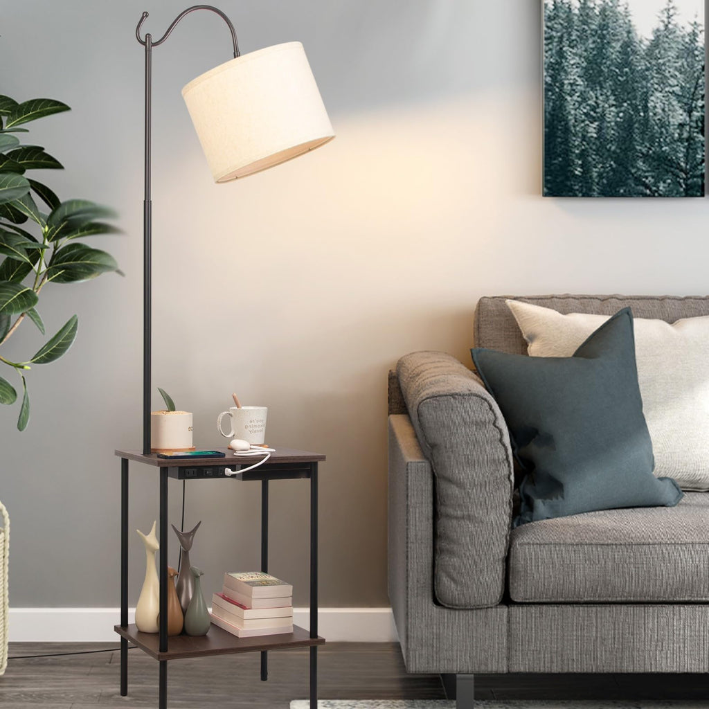 Floor Lamp with Table Industrial Rustic End Table, Industrial Floor Lamp with USB Wireless Charging Port&Charging