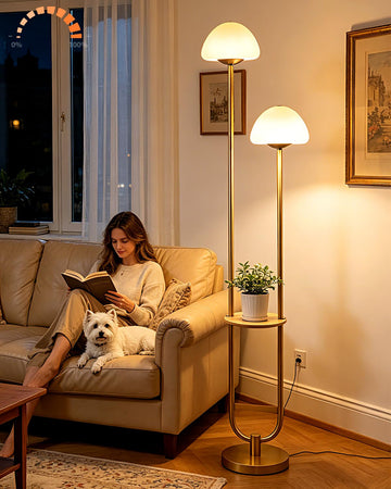 Mushroom Floor Lamp with Shelf 2-Lights Modern Dimmable Floor Lamps