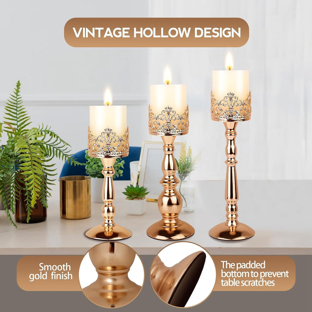 Candle Holders for Pillar Candles Set of 3 Gold Vintage Tall Candle Holders Decorative Large Table Centerpieces