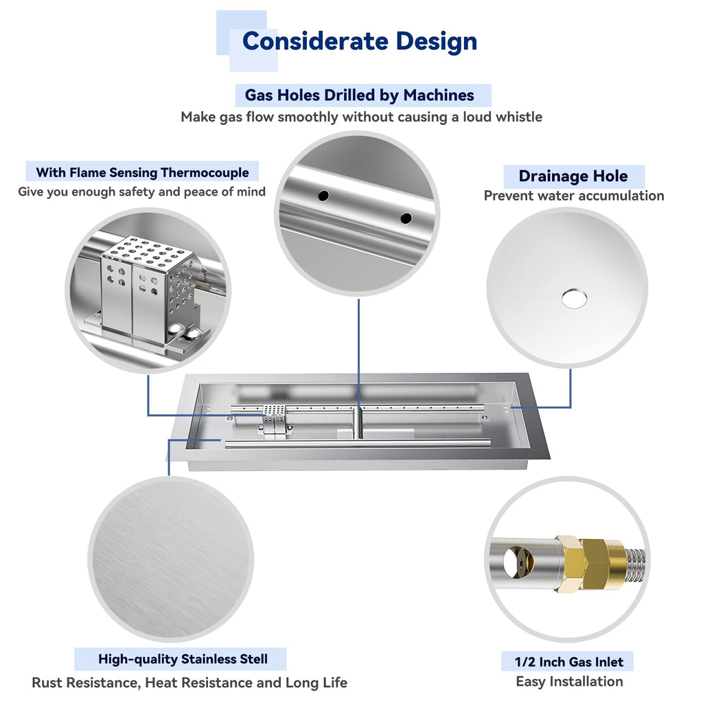 Stainless Steel 24" Rectangle Fire Pit Drop-in Burner Kit