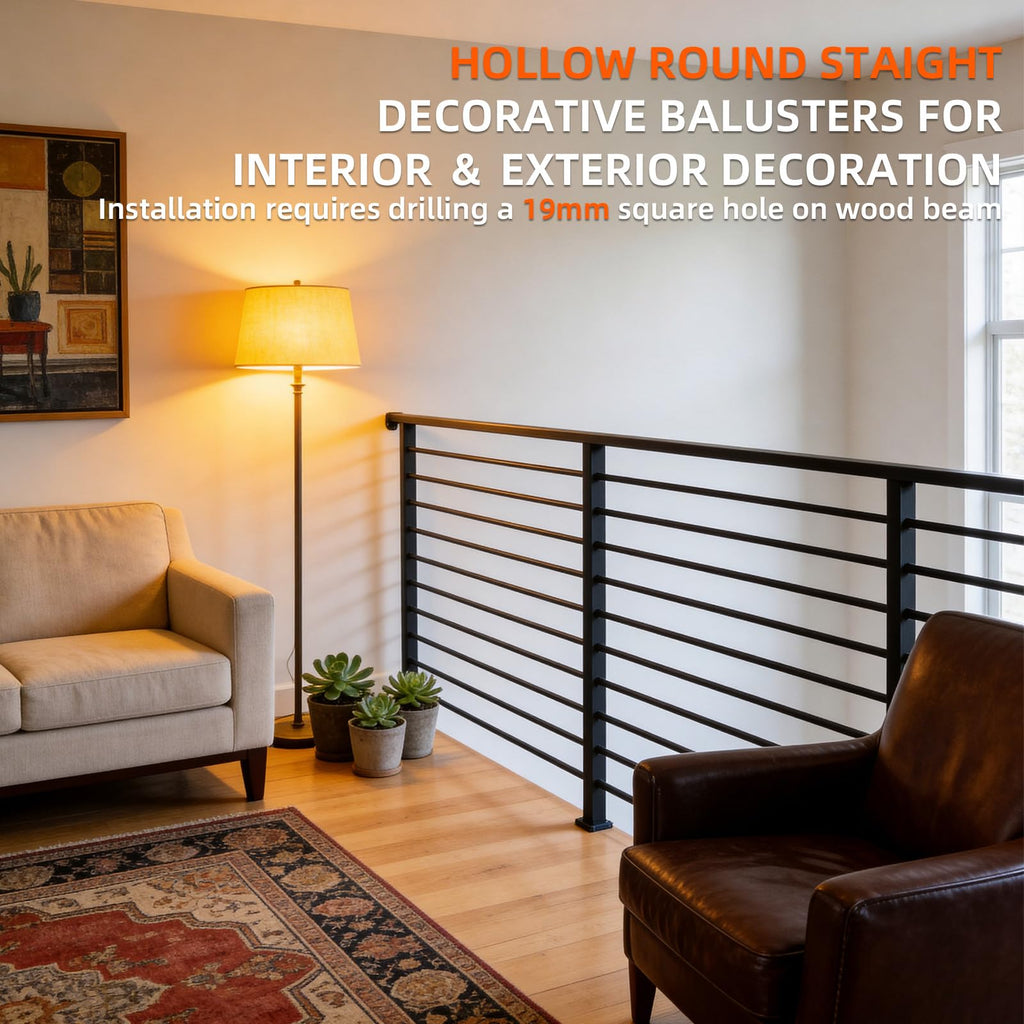 6.4FT x 3/4 inch Wrought Iron Horizontal Balusters, Round Deck Stair Bar Spindles, Satin Black Hollow Straight Railings