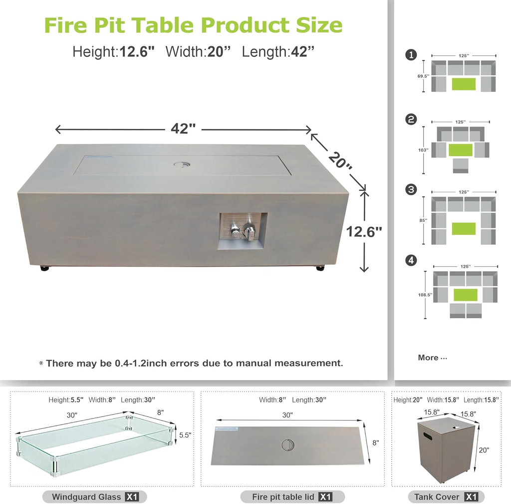 42" Rectangular Propane Fire Pit - 50,000 BTU Fire Table with Wind Guard Glass, Lid, Rocks and Cover