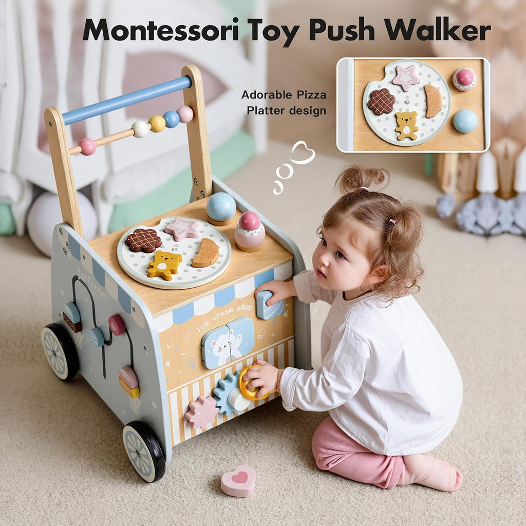 Wooden Baby Walker, Multifunctional Ice Cream Cart, Push Walker with Wheels