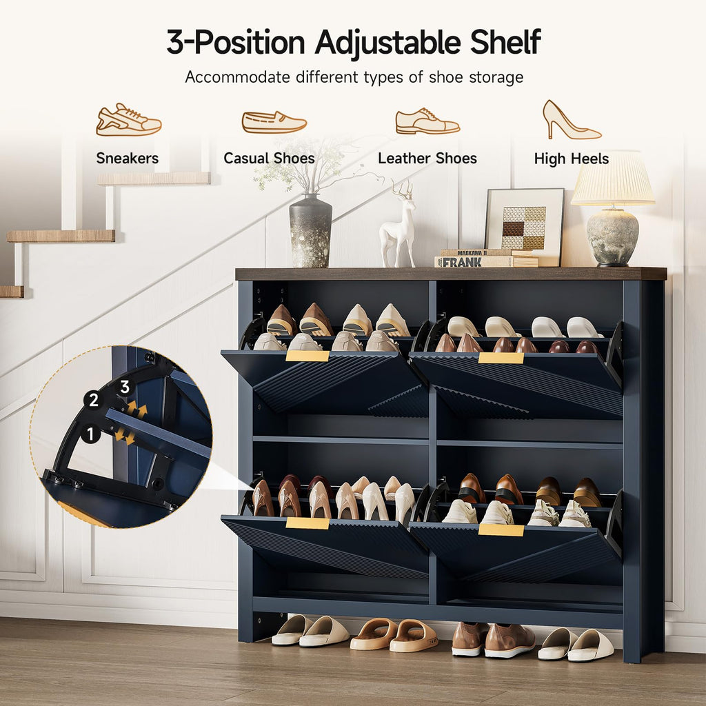 Shoe Cabinet with 4 Flip Drawers & Symmetric Groove Pattern