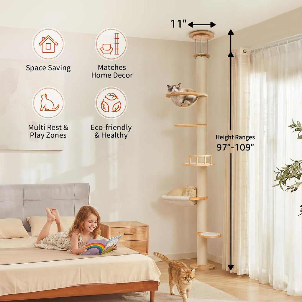 Floor to Ceiling Cat Tree Tower, Rubberwood Cat Window Perch with Cat Scratching Post, Hammock Ect, Adjustable Height