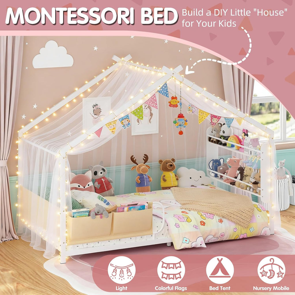 House Shape Montessori House Bed with 2 Tier Wood Bookshelf