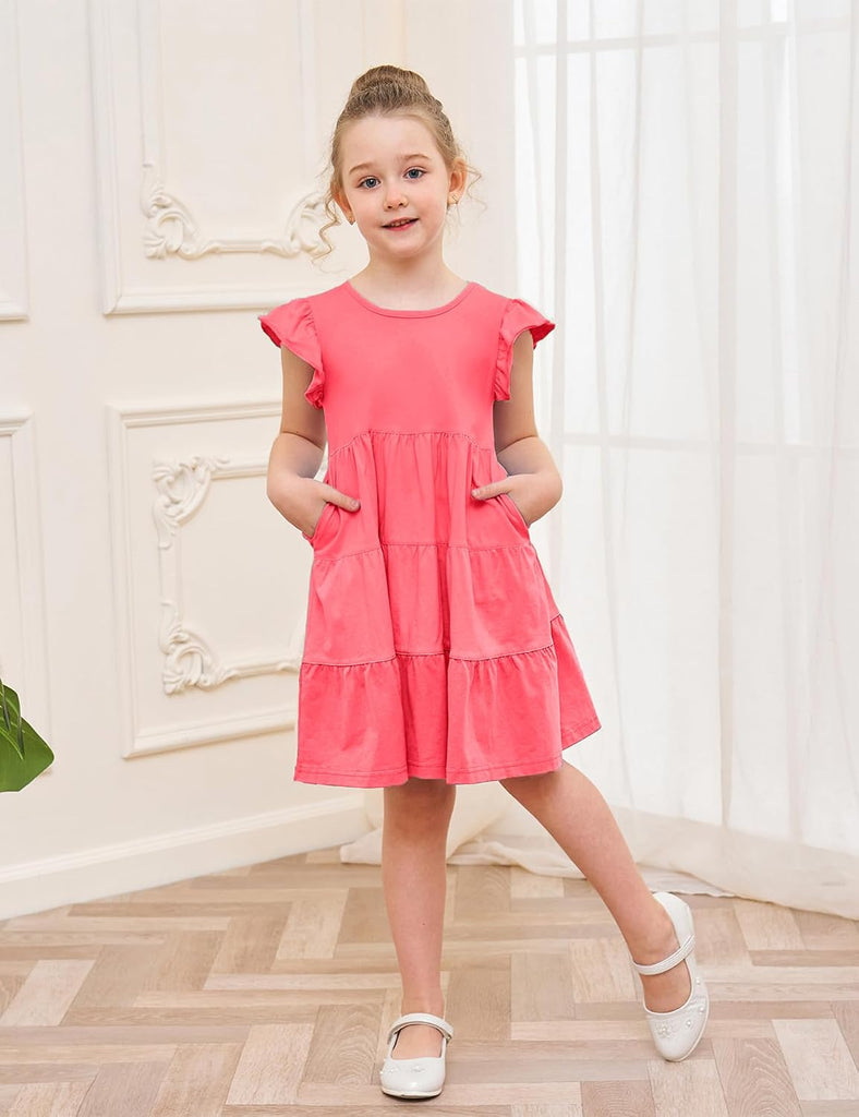 Girl's Dresses Cotton Ruffle Sleeve Tiered Swing A-Line Cute Midi Casual Sundress