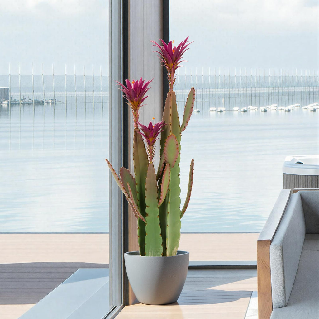 3ft Tall Artificial Cactus with Magenta Flower in Pot, Fake Cacti Plant of Satin Finish Leaves with Real Look