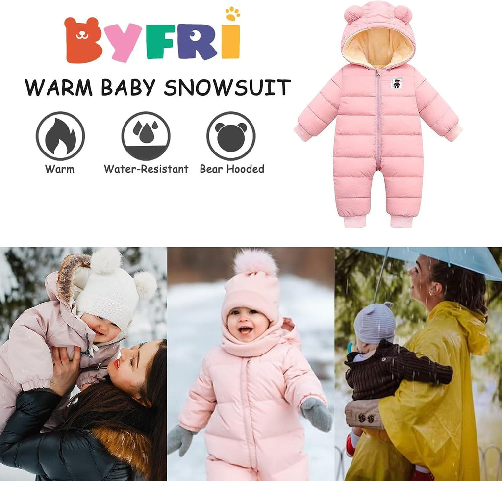 Baby Boys Girls Snowsuit Cozy Winter Coat Infant Bear Hooded Jumpsuit Toddler Snow Outfit