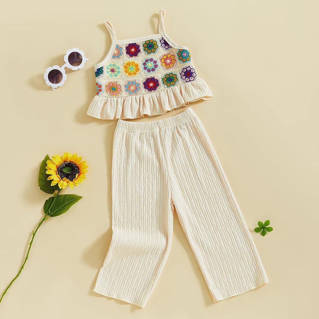 Toddler Baby Girl Summer Outfits Crochet Camisole Top and Linen Pants 2PC Kids Bohemian Beach Clothes for Girls