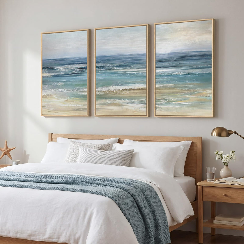 Large Framed Blue Coastal Landscape Wall Art, 3 Piece 24x36