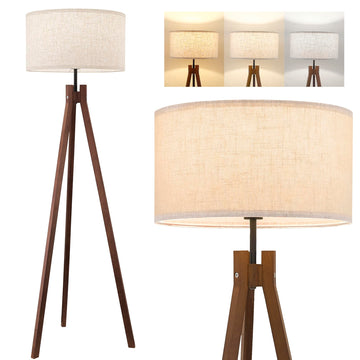 Wood Tripod Floor Lamp, Mid Century Reading Standing Lamp with 3 Color Temperatures & Linen Shade, Modern Night Light