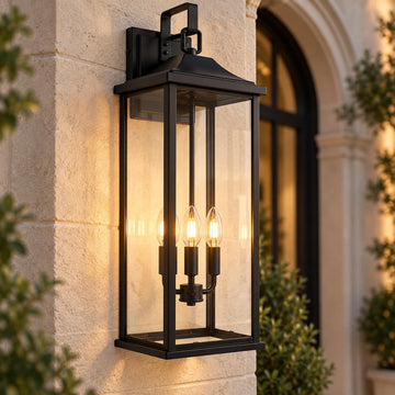 24 Inch 1 Pack Outdoor Wall Sconce, 3-Light Candelabra Exterior Porch Light with Clear Glass, Matte Black Finish