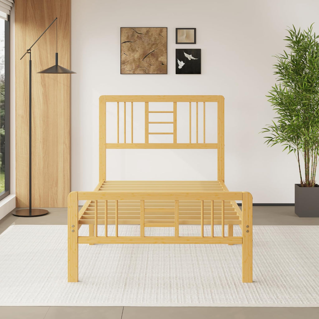 14 Inch Bamboo Wood Twin Size Platform Bed Frame with Headboard and Footboard, Metal Slat Support Bed Frame Twin